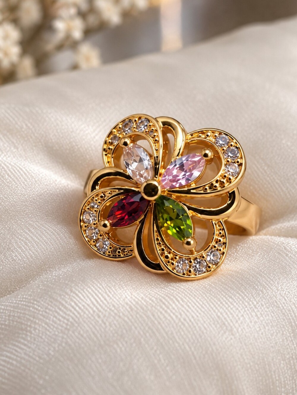 Swarovski Crystal Multicolor Flower Ring Gold Plated Size 8